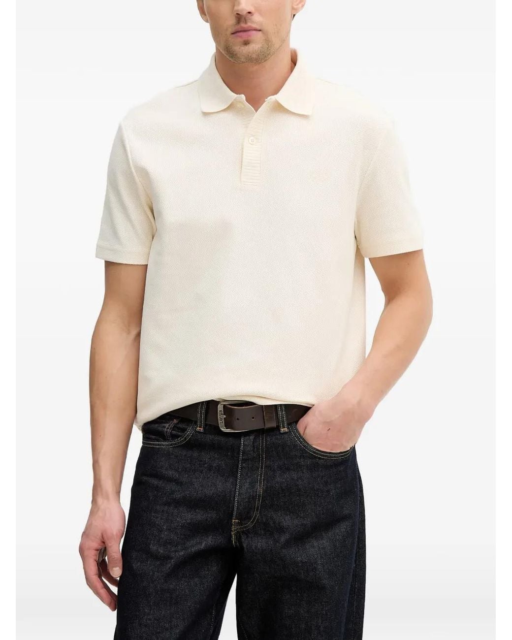 Guess White Ribbed-Trim Piqué Polo Shirt for men