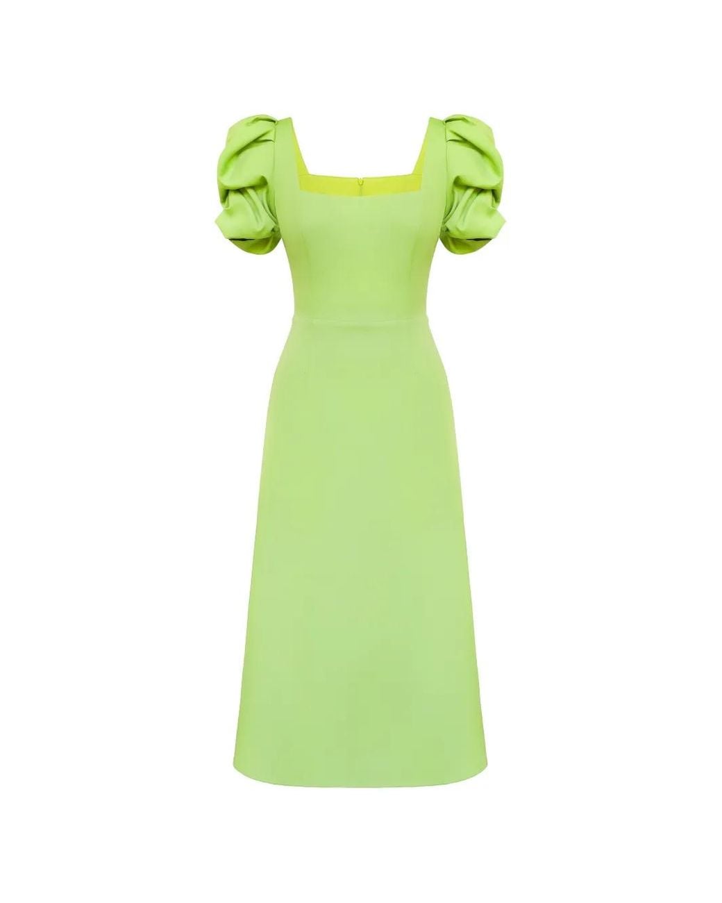 POST MERIDIEM Green Square-Neck Puff-Sleeve Midi Dress