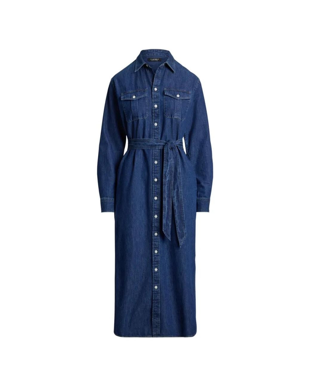 Ralph Lauren Blue Robe-Chemise Mi-Longue En Jean À Taille Ceinturée
