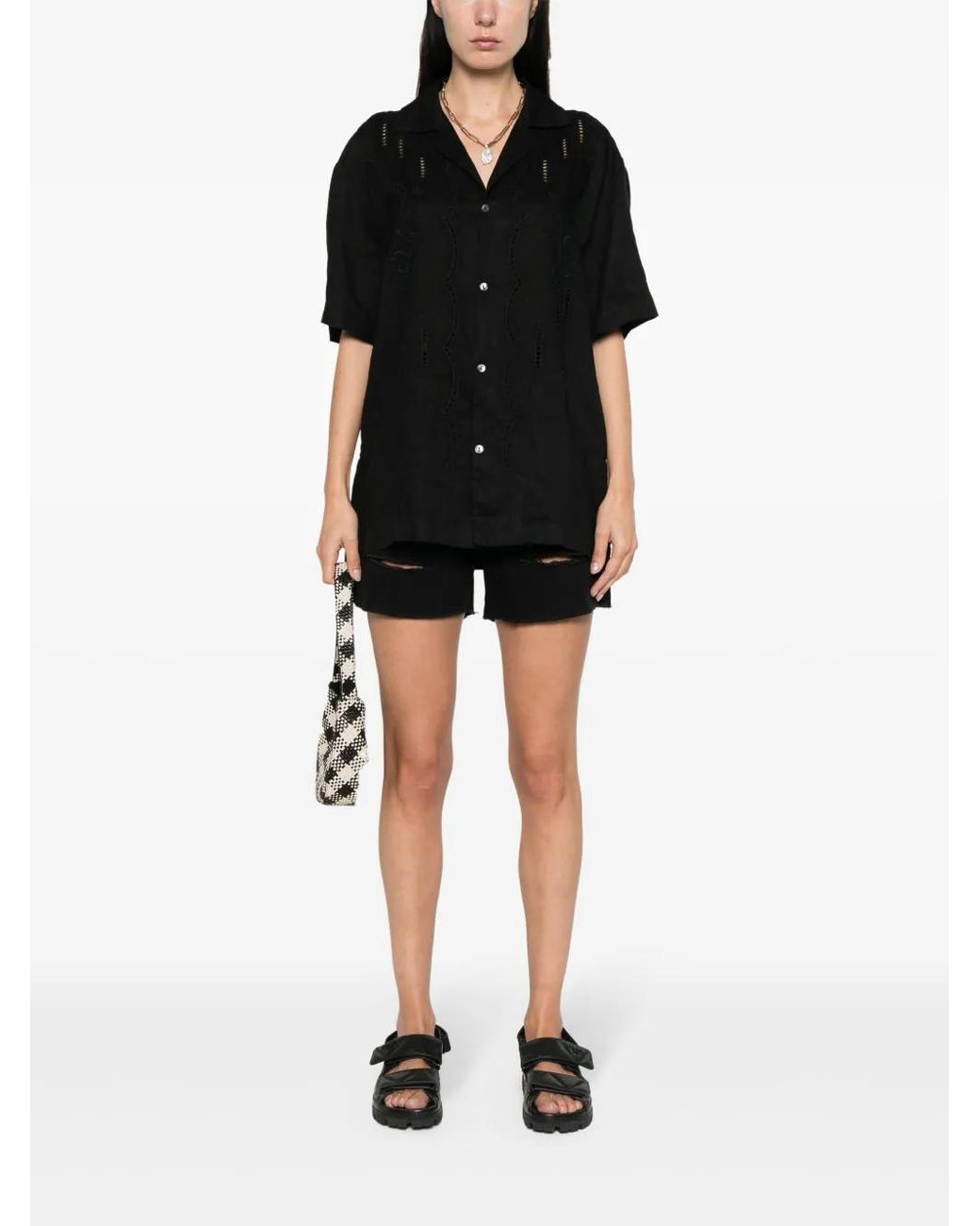 P.A.R.O.S.H. Black Floral-Embroidery Linen Shirt