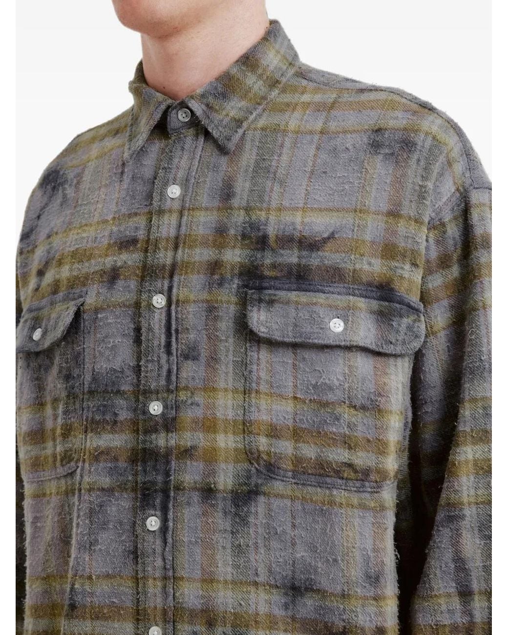 R13 Gray Plaid-Check Distressed-Effect Shirt for men