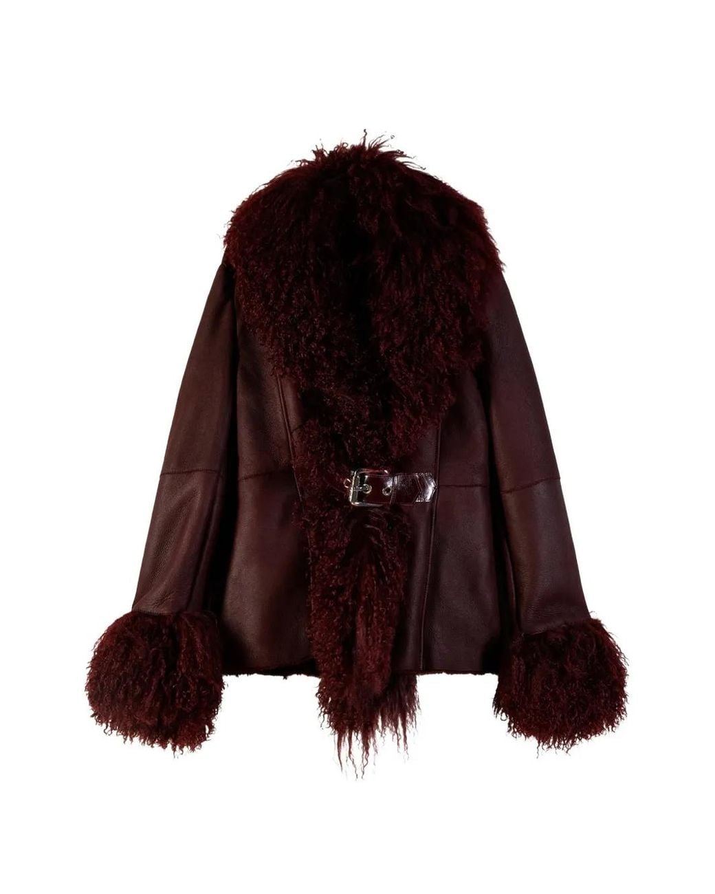 Patrizia Pepe Purple Shearling-Trim Buckled Coat