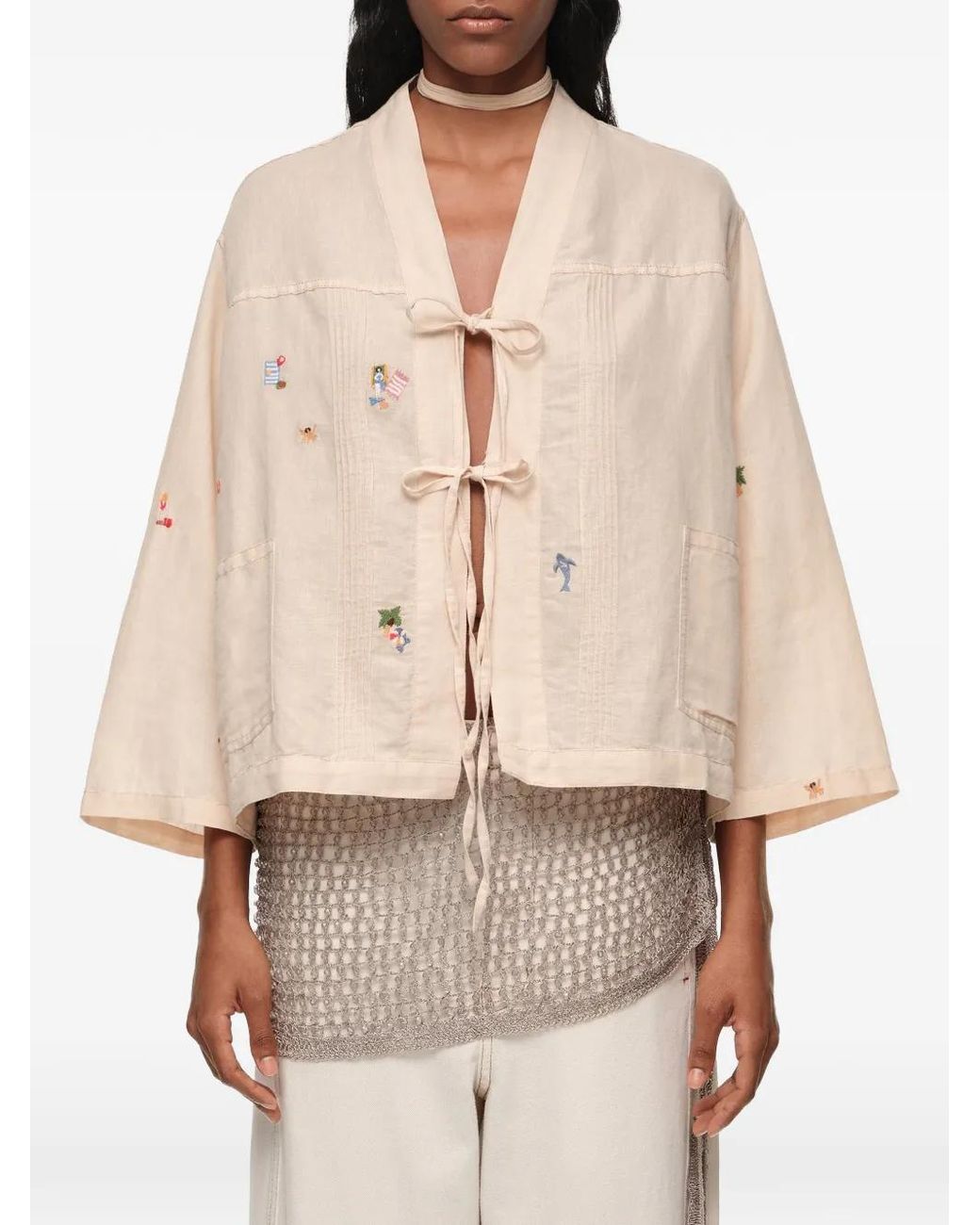 Bimba Y Lola Natural Sand Mini Embroidered Kimono Jacket