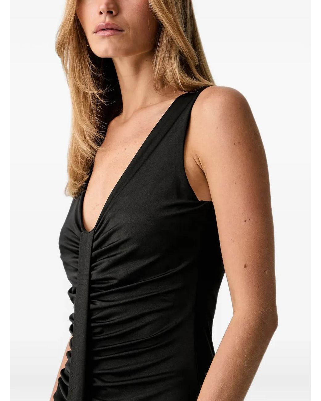 Fracomina Black Robe Longue Sans Manches À Fronces