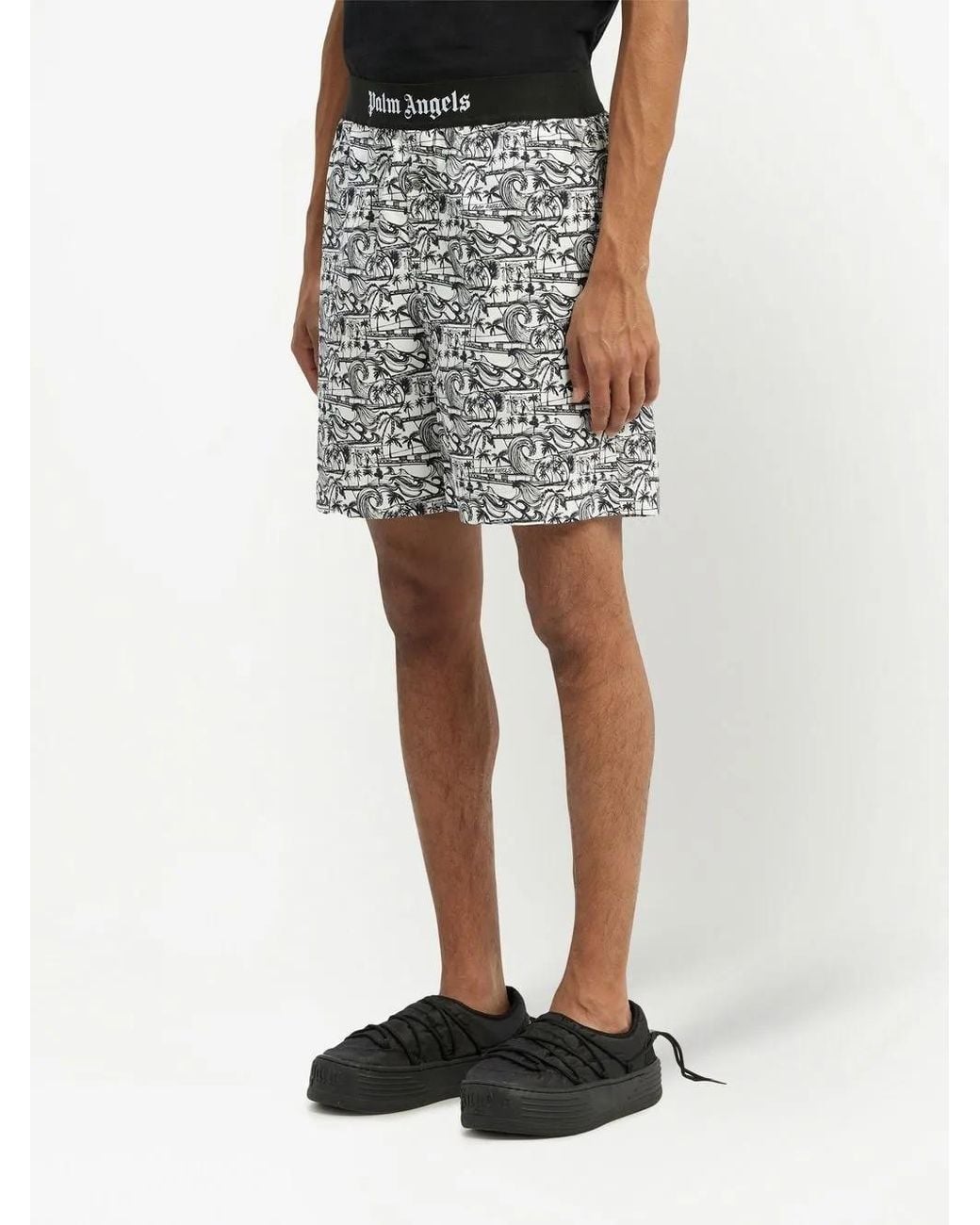 Palm Angels Black Waves Graphic-Print Deck Shorts for men
