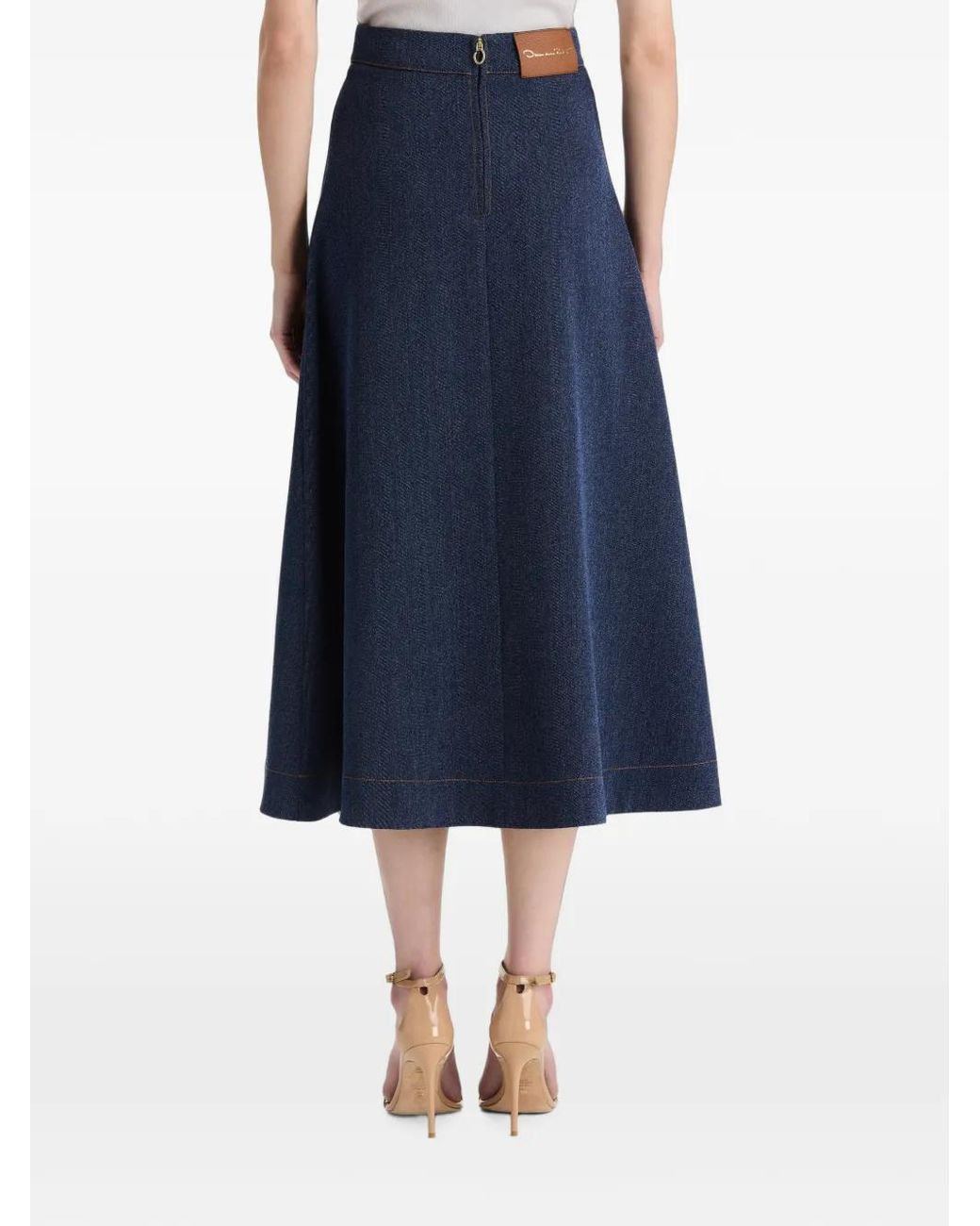 Oscar de la Renta Blue Logo-Patch A-Line Midi Skirt