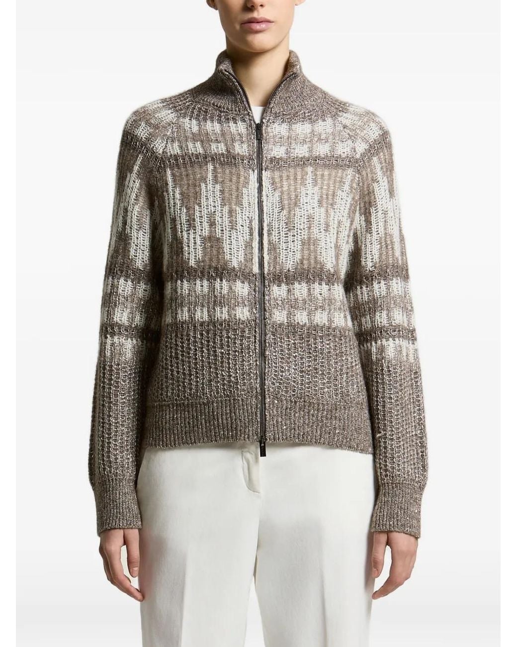 Peserico Brown Geometric-Pattern Zip-Up Cardigan