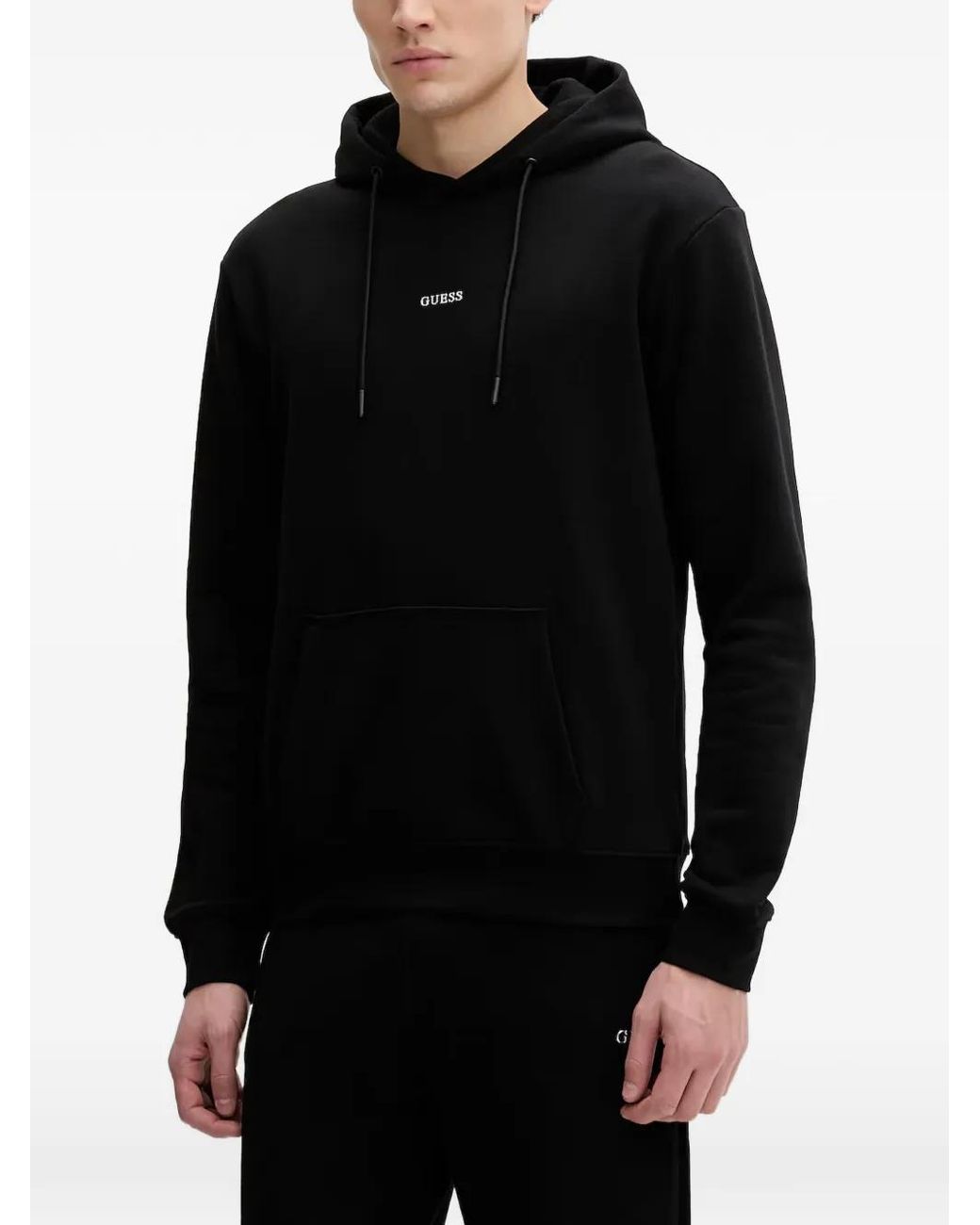 Guess Black Logo-Print Drawstring Hoodie for men