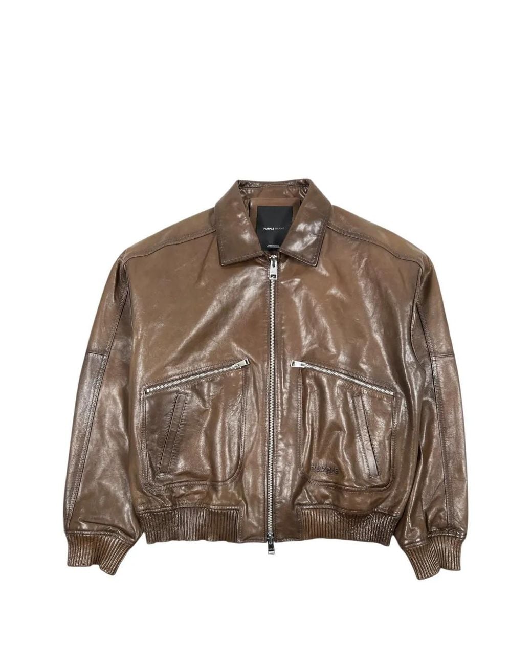 Purple Brand Brown Zip-Fastening Distressed Leather Jacket for men
