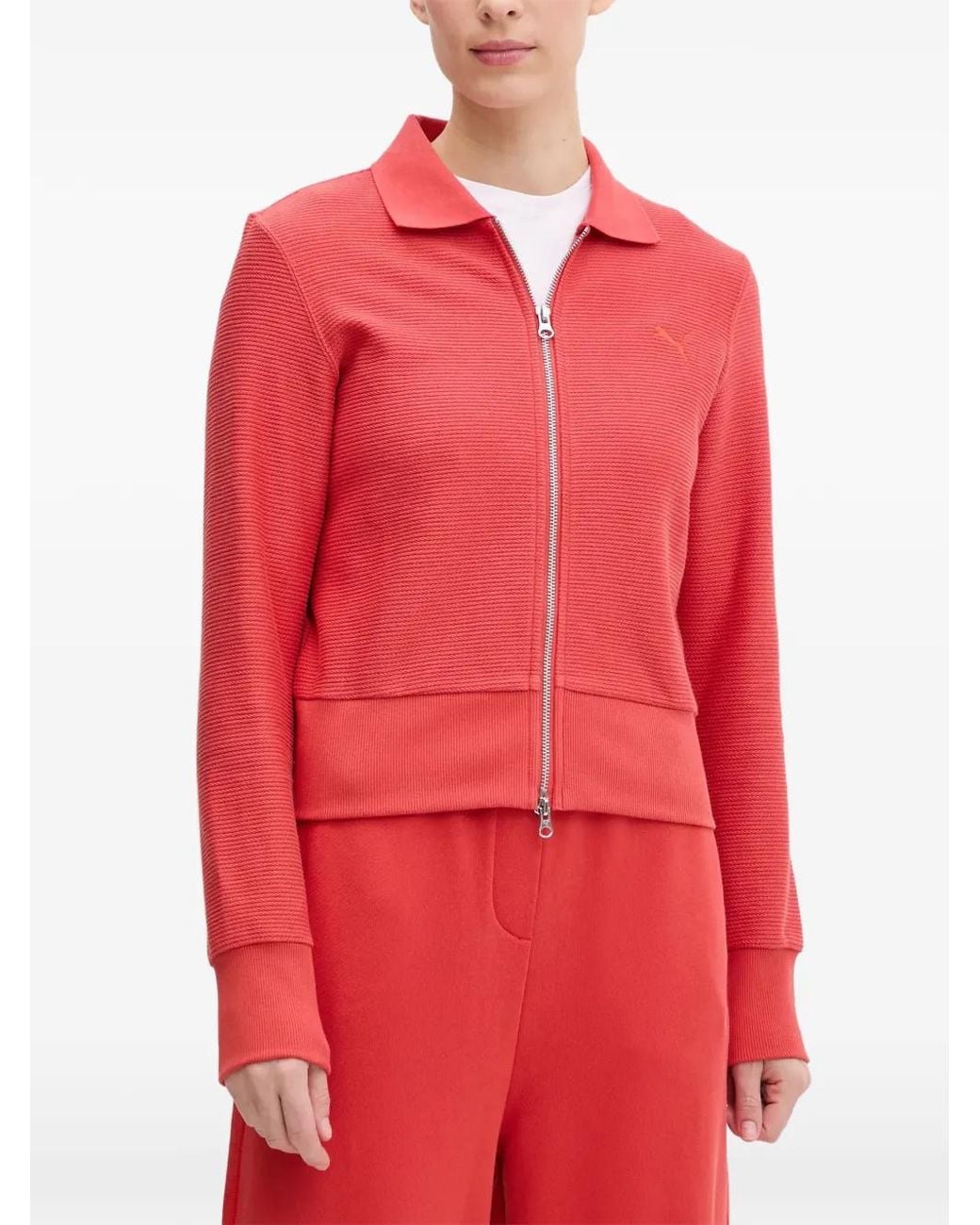 PUMA Red Ribbed-Knit Zip-Up Jacket