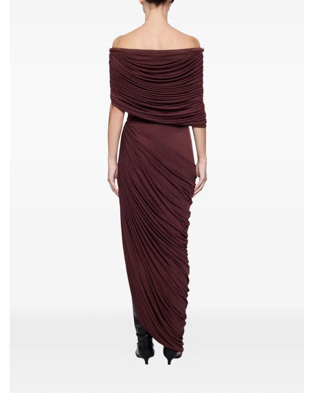 Chats by C.Dam Purple Thalyn Off-Shoulder Draped Midi Dress