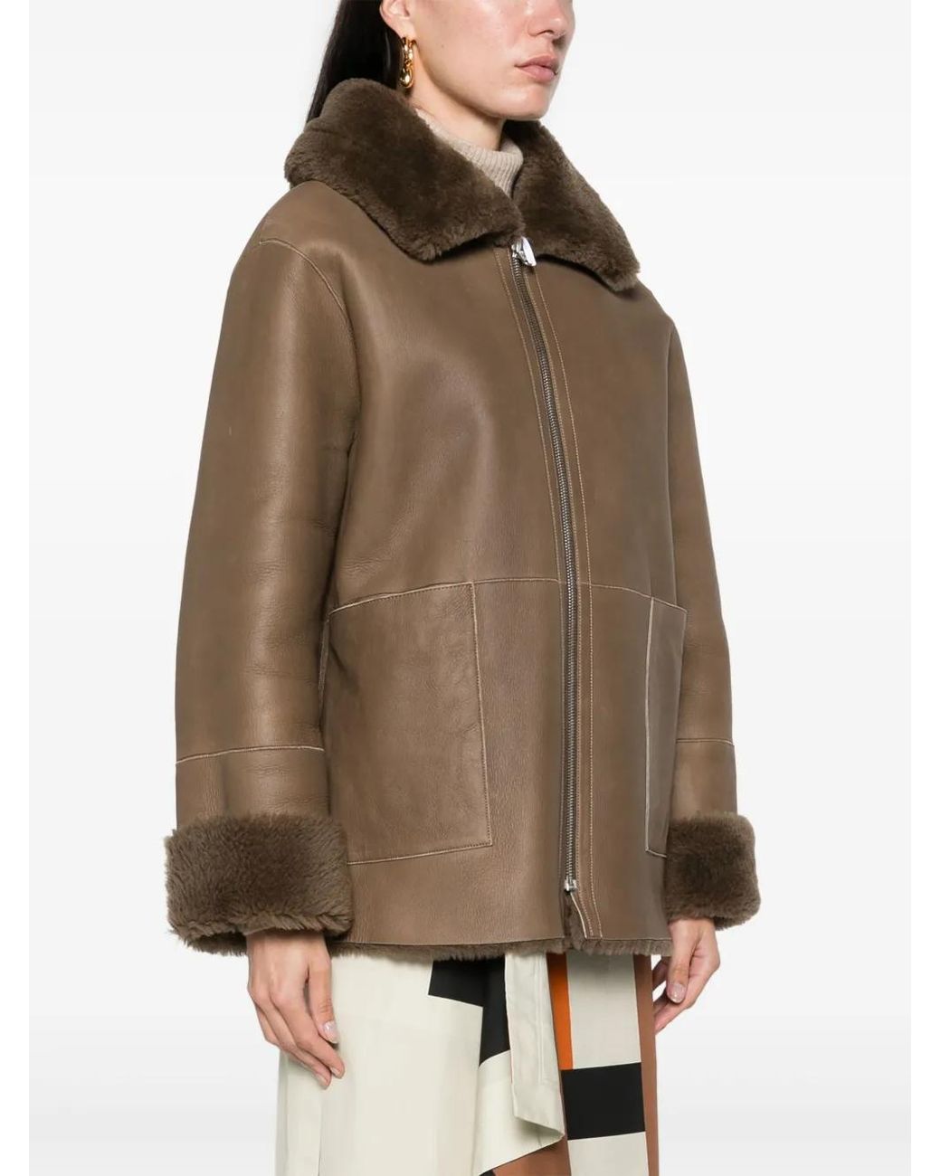 Liska Brown Spread-Collar Leather Coat