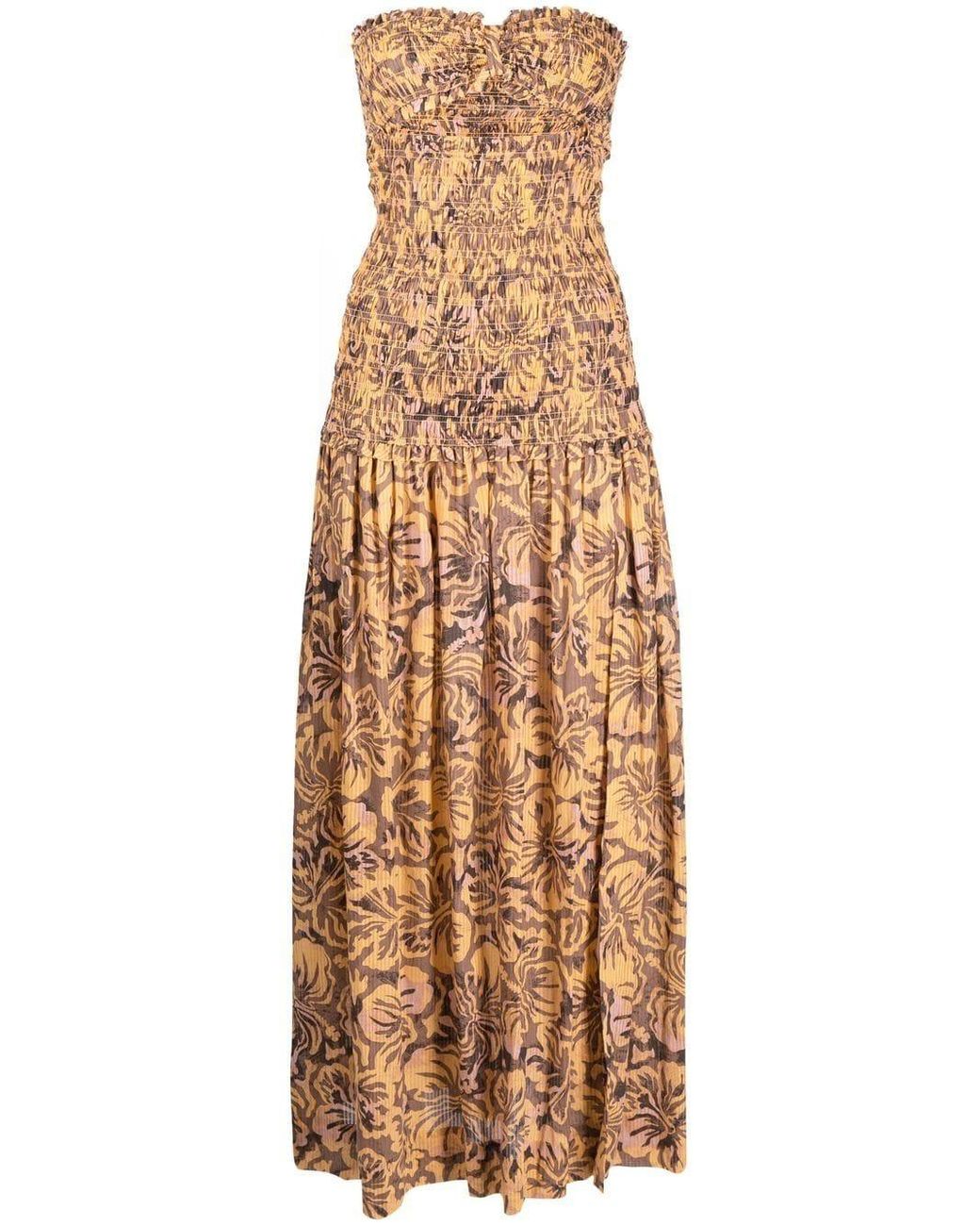 bec and bridge yellow and brown dress Bec & Bridge Samara Shirred Strapless Dress in Natural