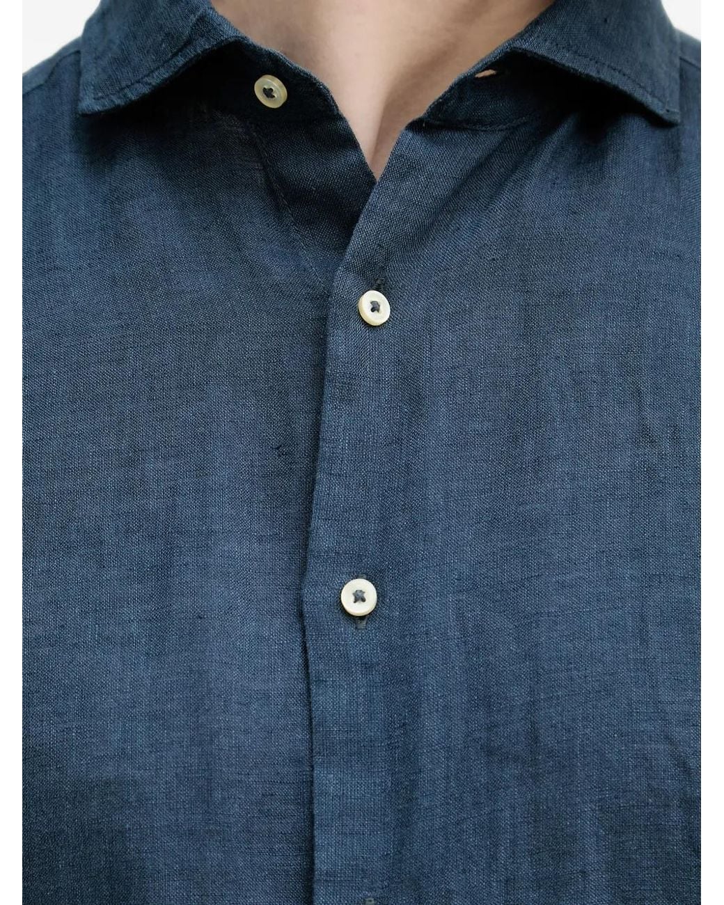 Benetton Blue Long-Sleeved Linen Shirt for men