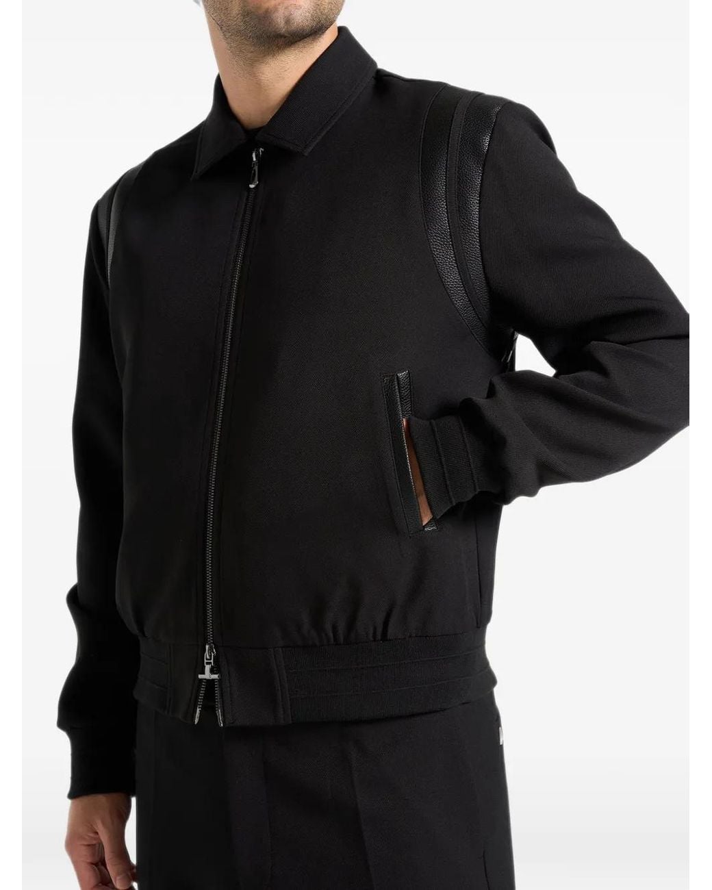 Manière De Voir Black Leather Panelled Varsity Jacket for men