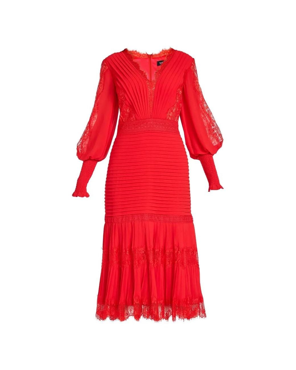 Tadashi Shoji Red Maxi Nyssa Bishop Lace-Panelled Pleated Midi Dress