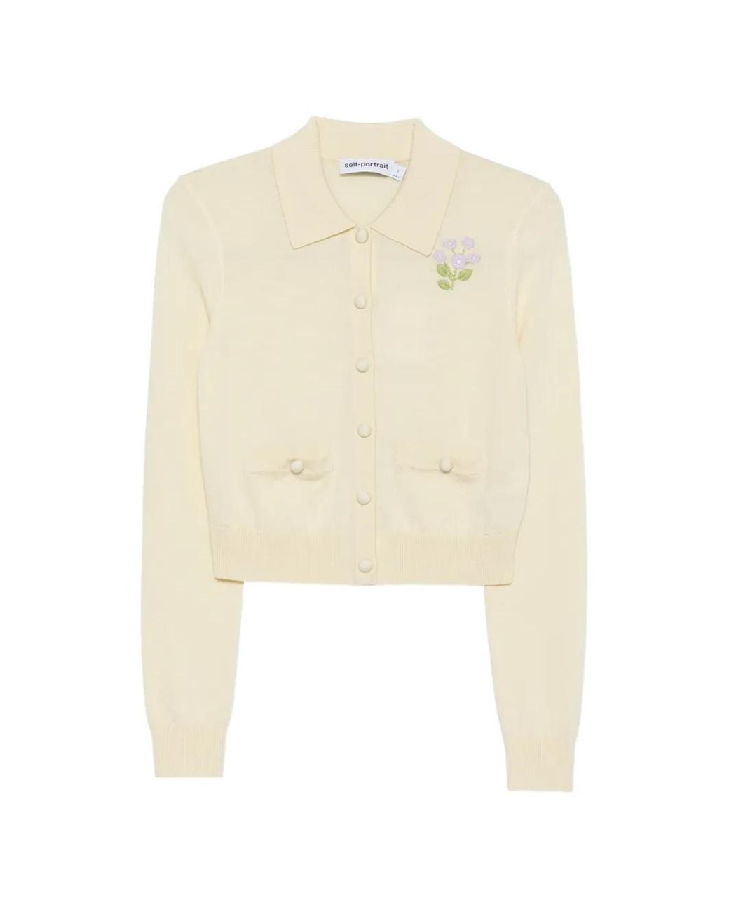 Self-Portrait White Flower Embroidered Knit Cardigan