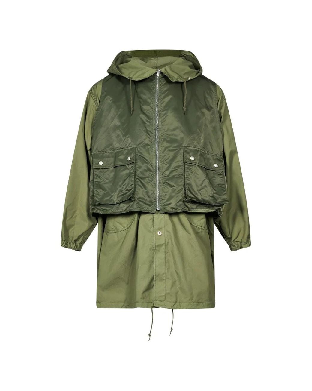 Comme des Garçons Green Layered-Design Hooded Coat for men