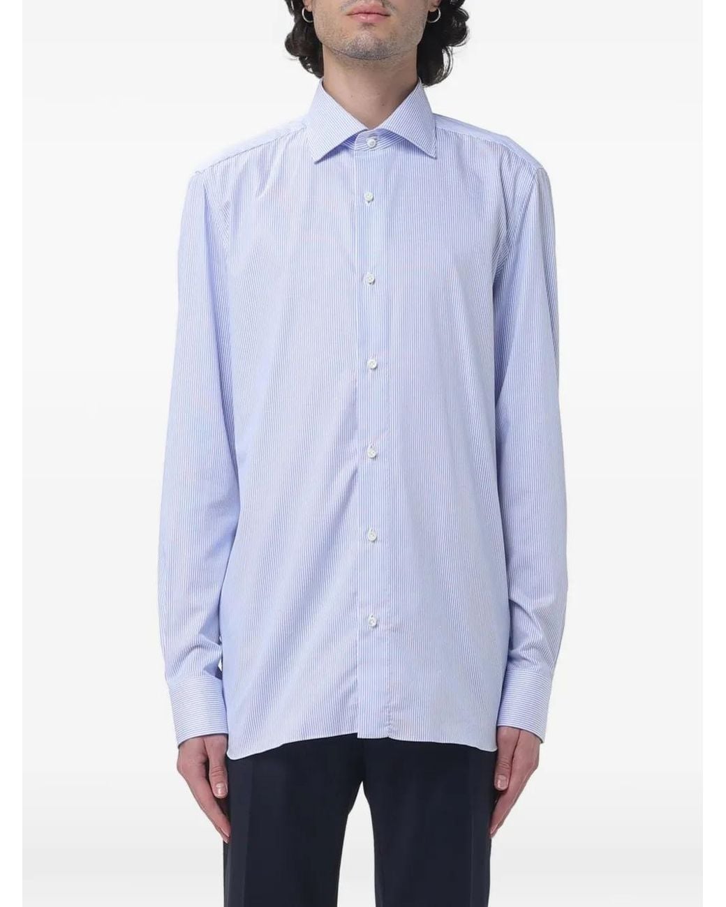Luigi Borrelli Napoli Blue Vertical-Stripe Shirt for men
