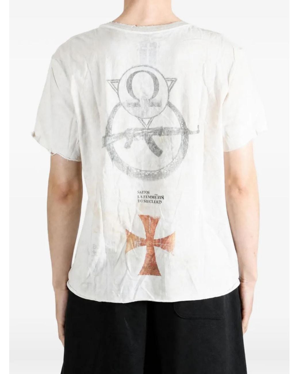 SAITOS White Graphic-Print Distressed T-Shirt