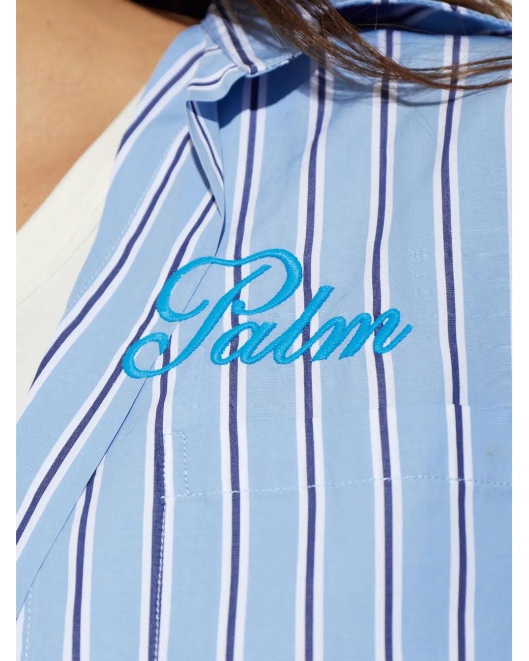 Palm Angels Blue Striped Embroidered-Logo Shirt
