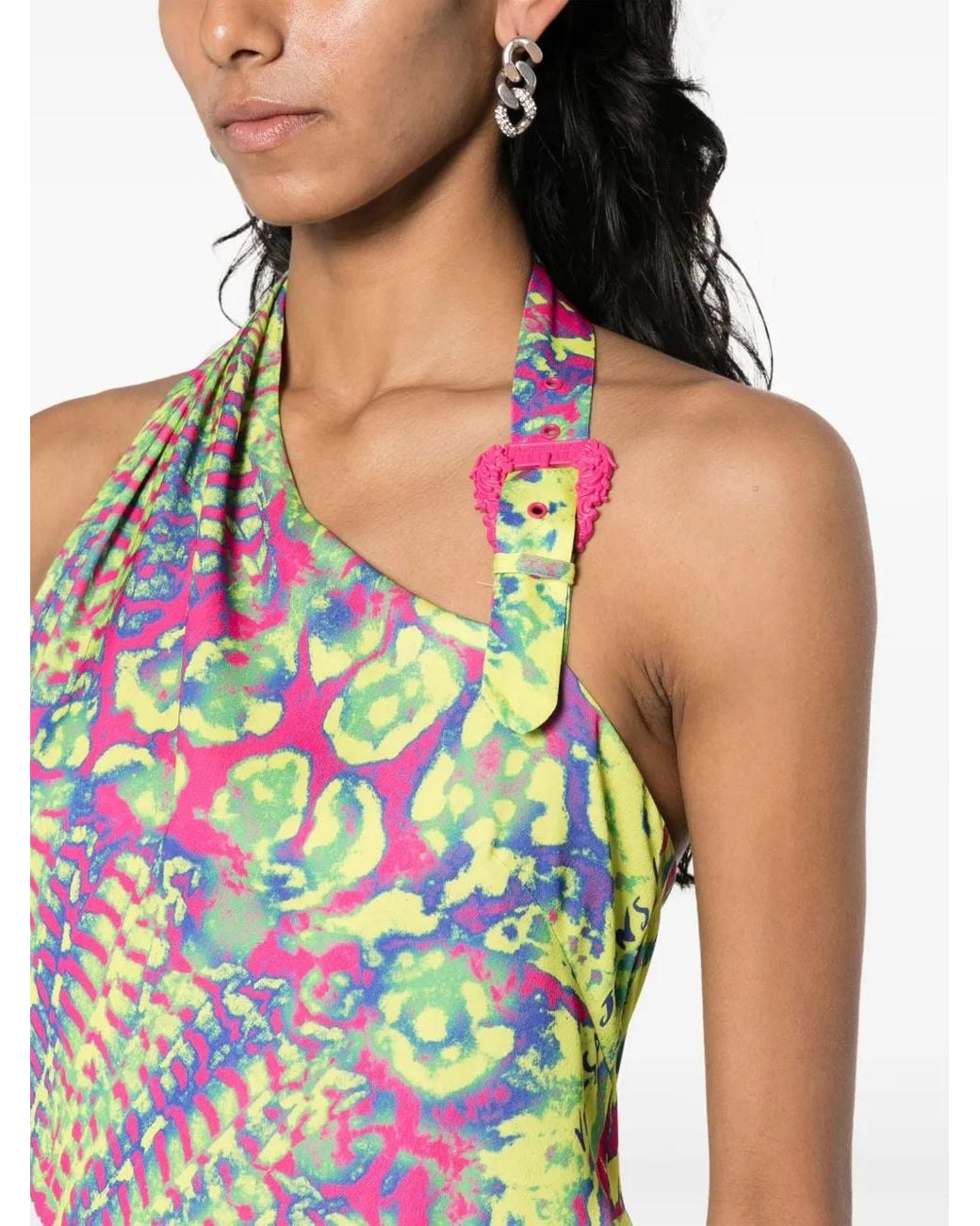 Versace Jeans Couture White Abstract-Print Asymmetric-Hem Dress