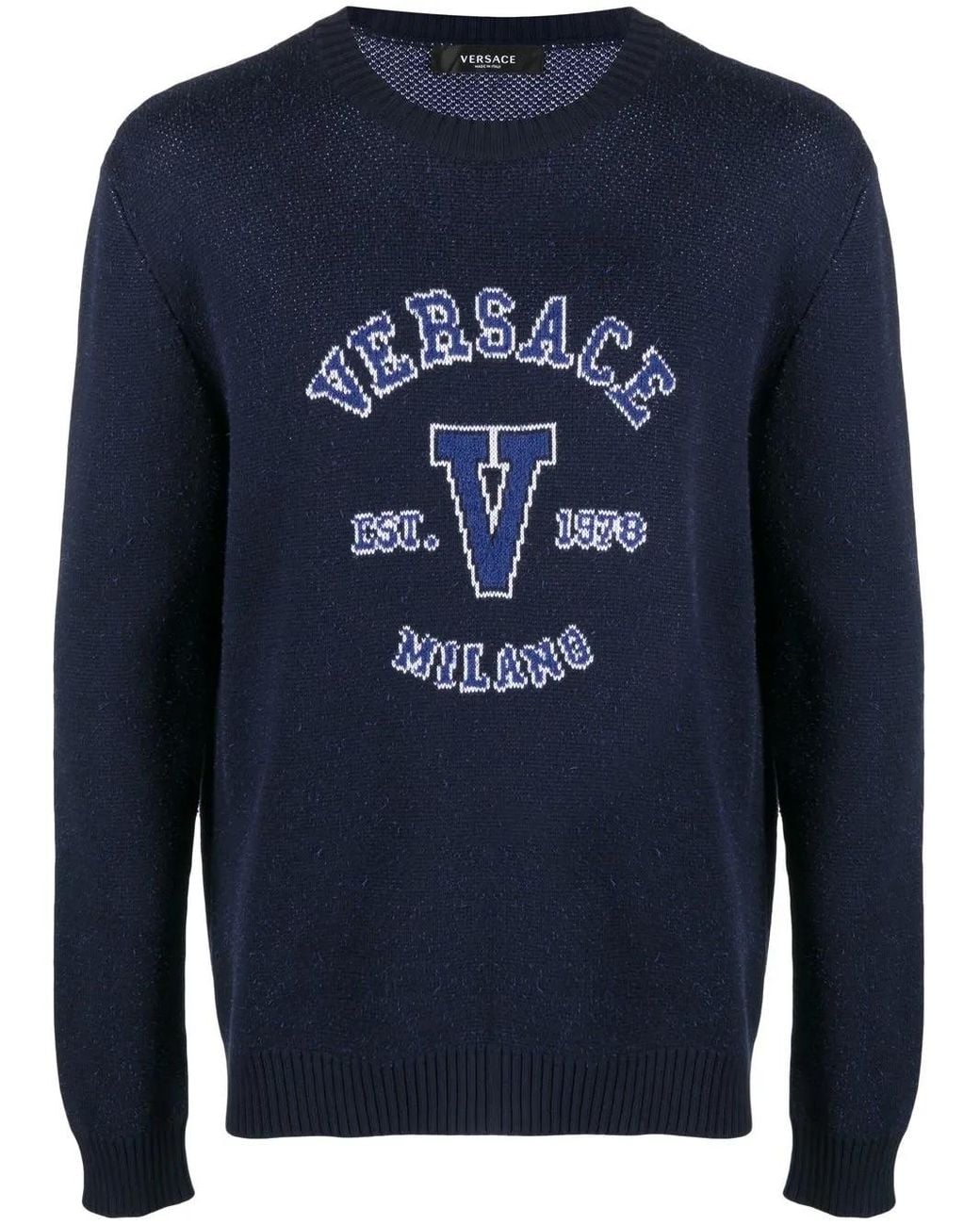 Versace Blue Intarsia-Knit Logo Jumper for men