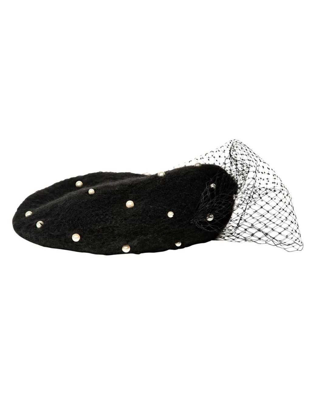 Jennifer Behr Black Pearl-Embellished Voilette Beret