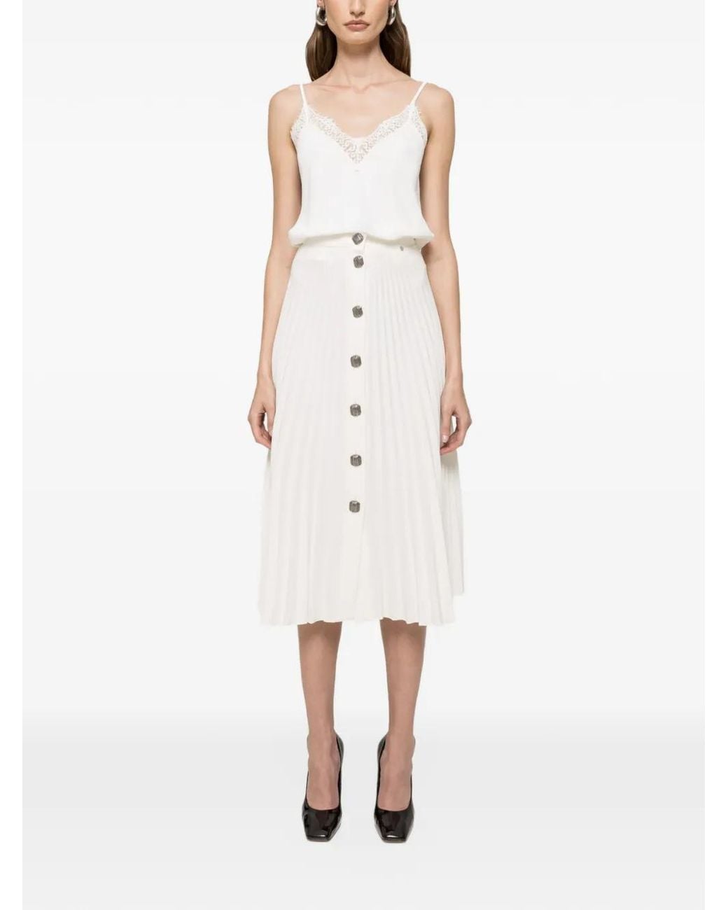 Nissa White High-Waisted Pleated Midi Skirt