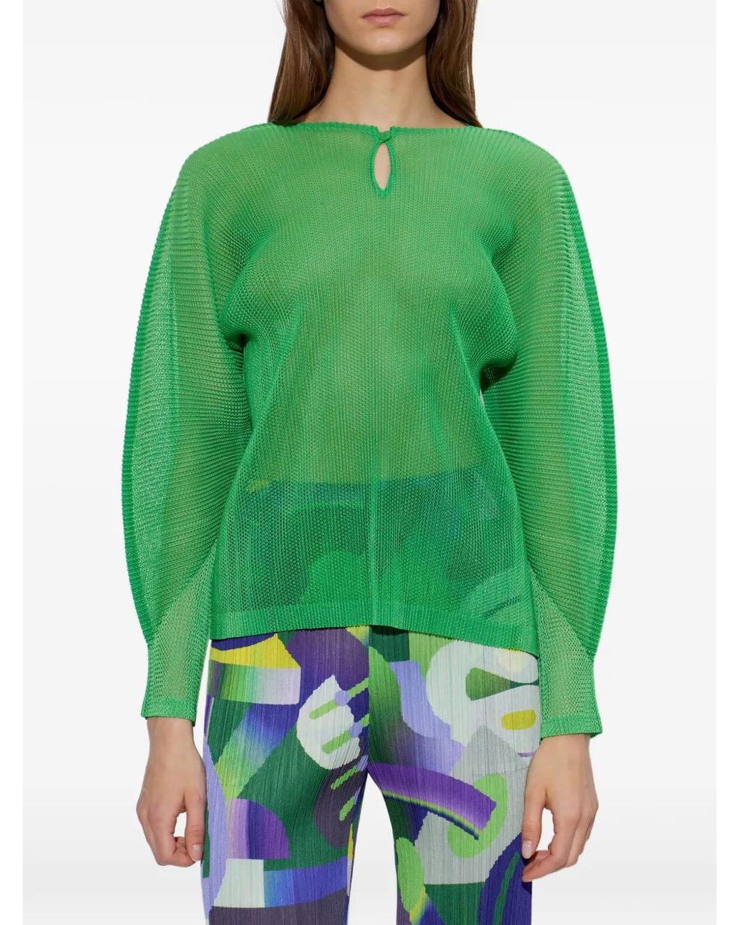 Pleats Please Issey Miyake Tatami April Keyhole-Neck Blouse in