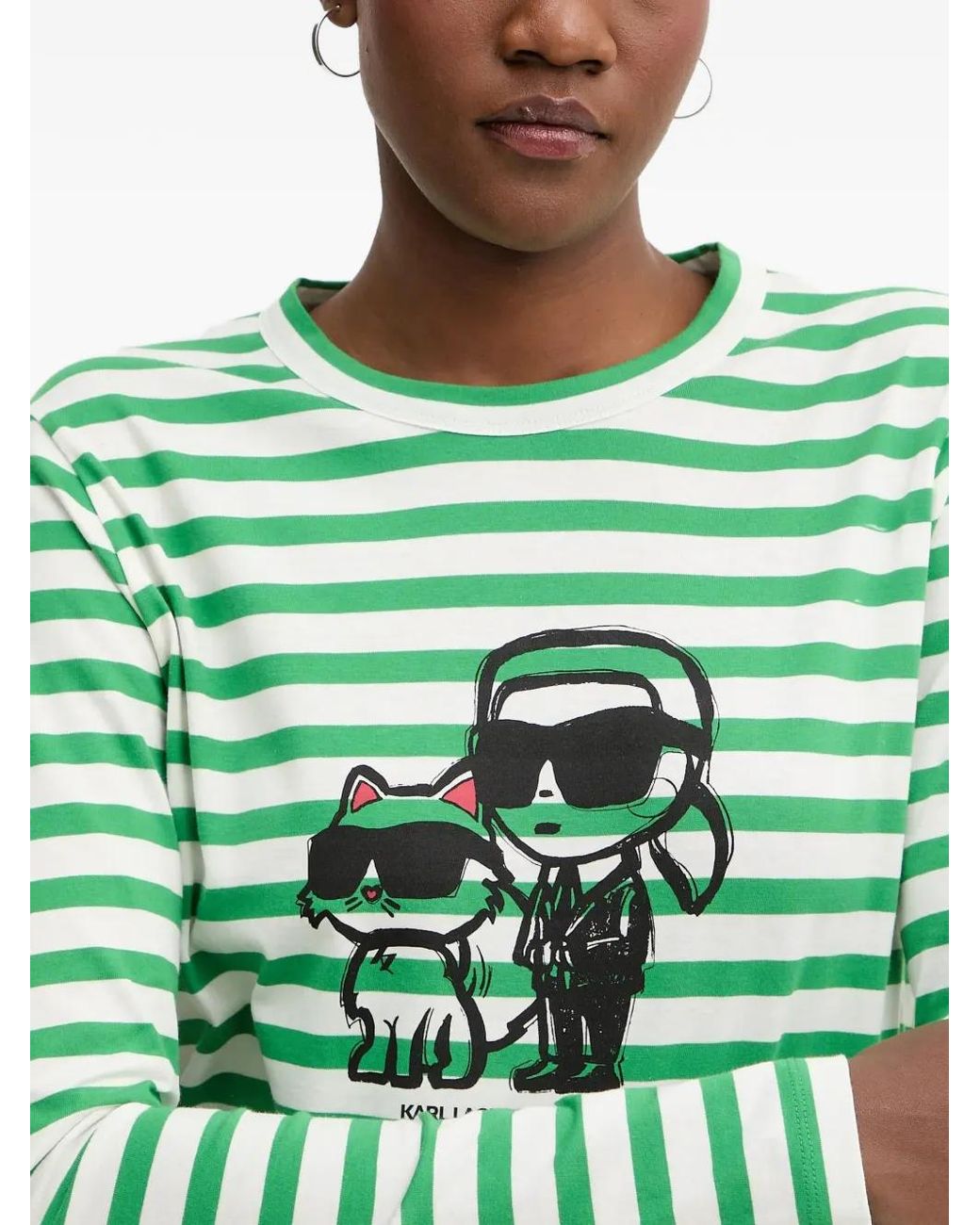 Karl Lagerfeld Green Striped Graphic-Print Top