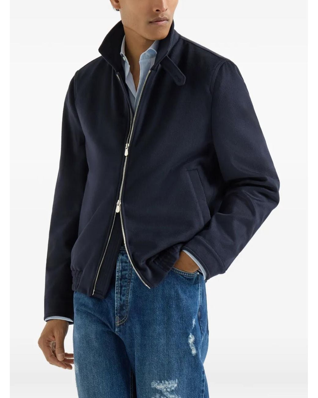 Brunello Cucinelli Blue Veste Bomber En Laine Vierge À Fermeture Zippée for men