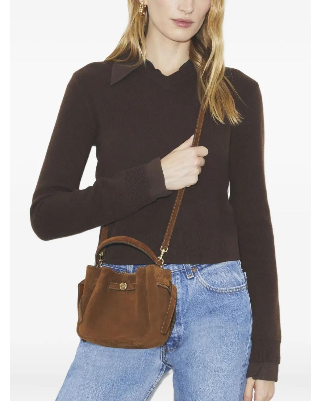 Tory Burch Brown Mini Romy Suede Bucket Bag
