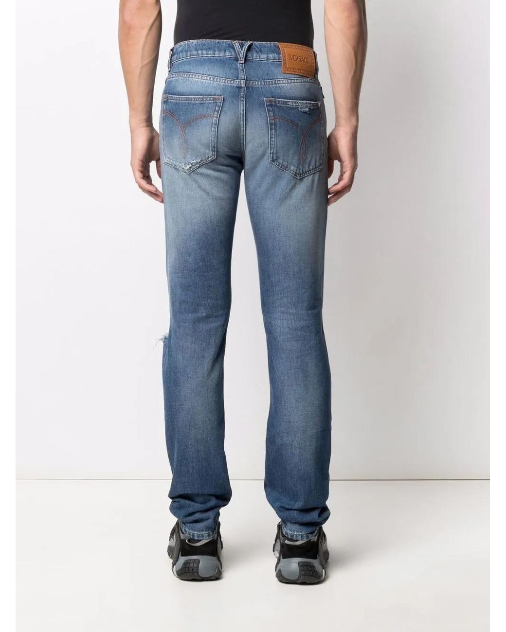 Versace Blue Distressed-Effect Straight-Leg Jeans for men