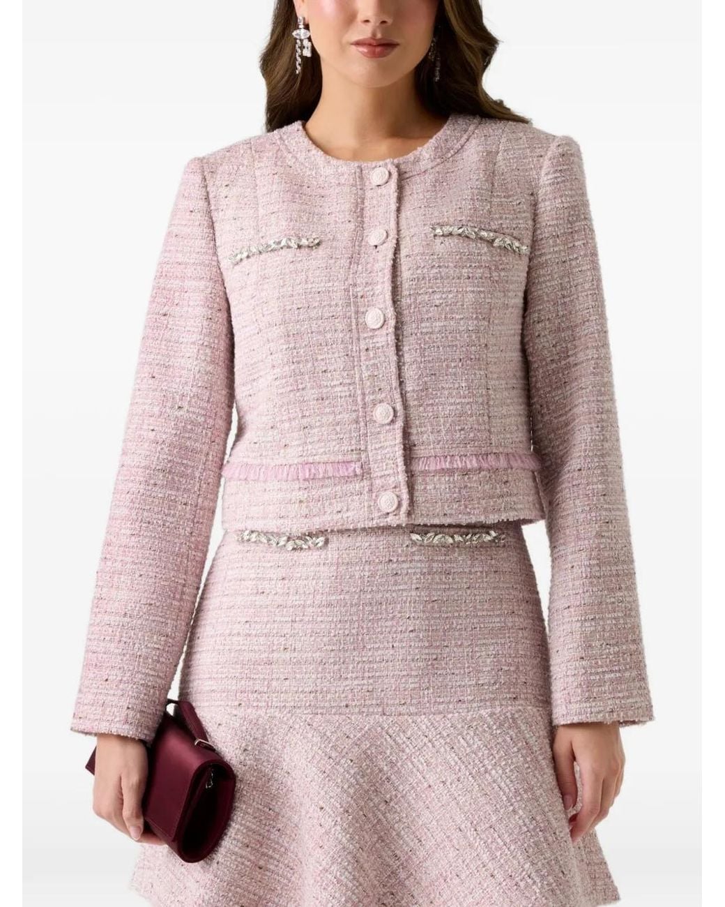Guess Pink Clotilde Crystal-Embellished Tweed Jacket