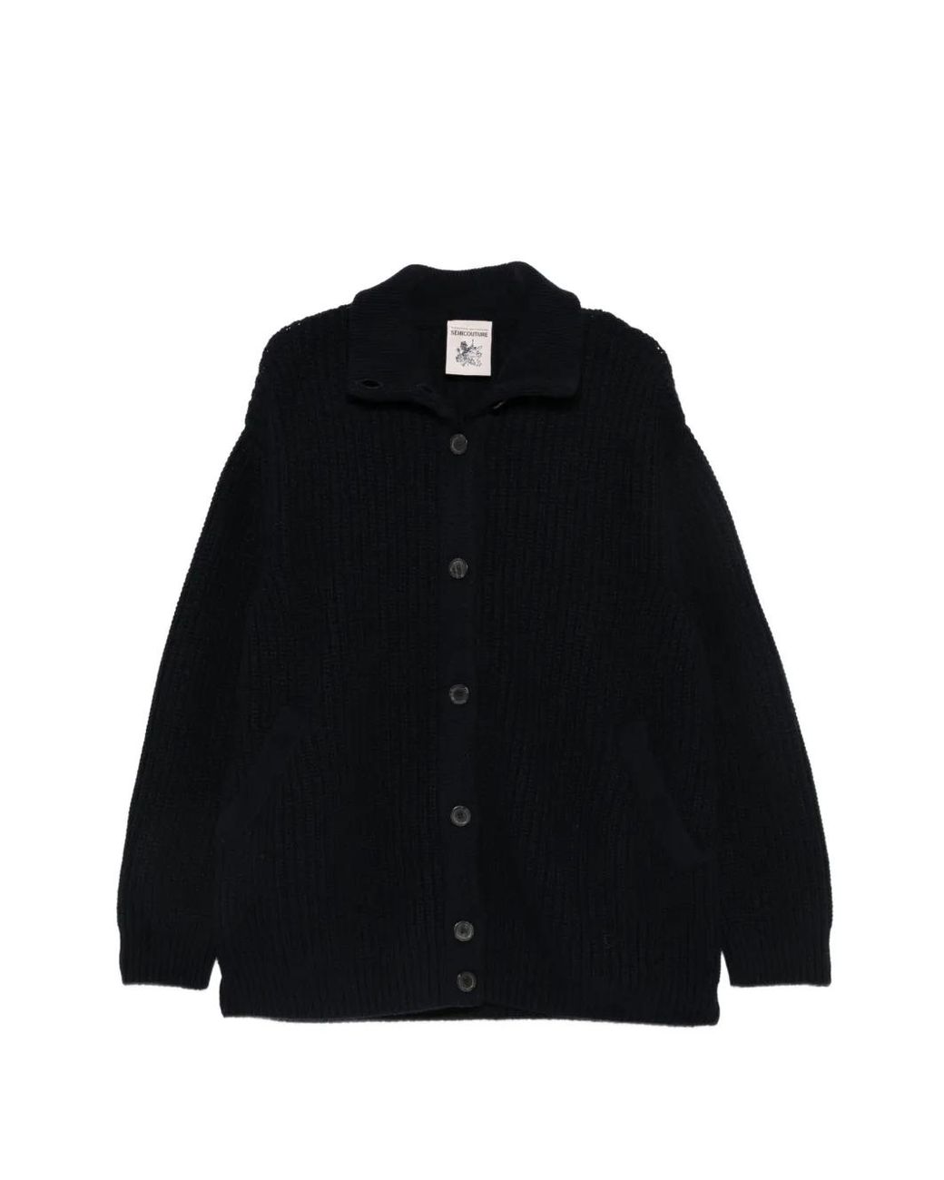 Semicouture Black Ribbed-Knit Leather-Patch Jacket