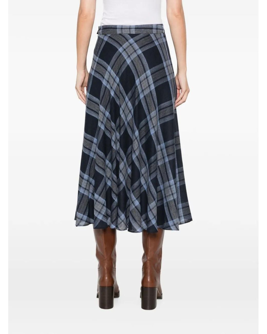 Marella Blue Check-Pattern Flared Mid Skirt