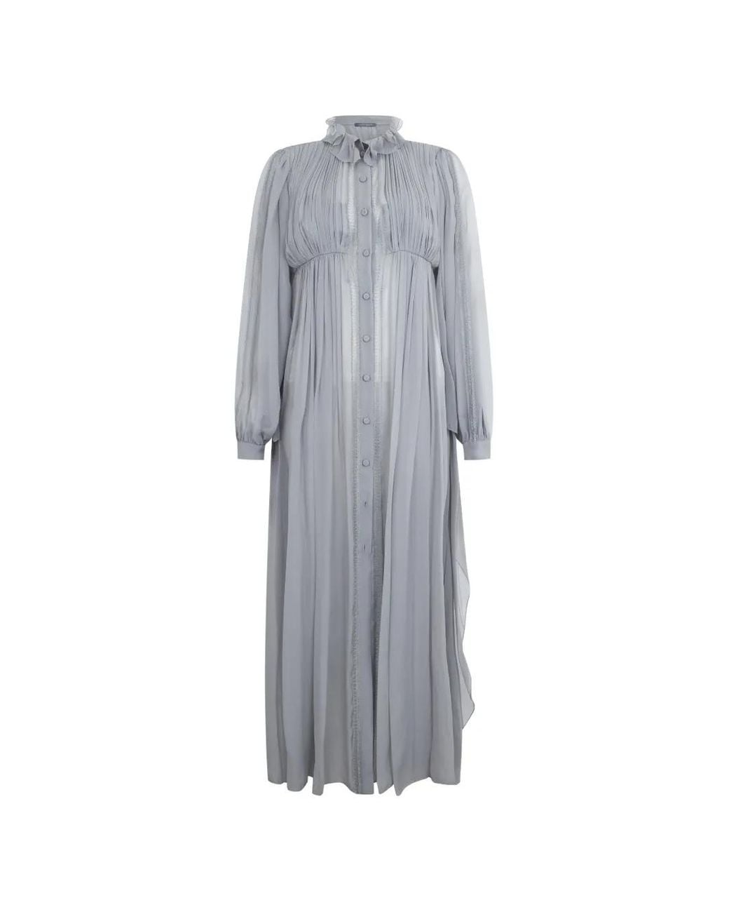 Alberta Ferretti Gray Ruffled-Collar Pleated Maxi Dress