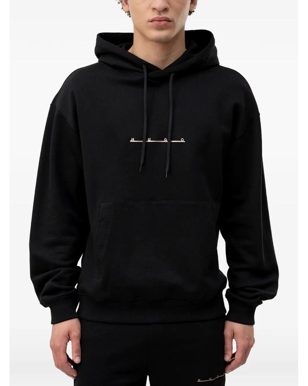HUGO Black Logo-Print Cotton-Jersey Hoodie for men