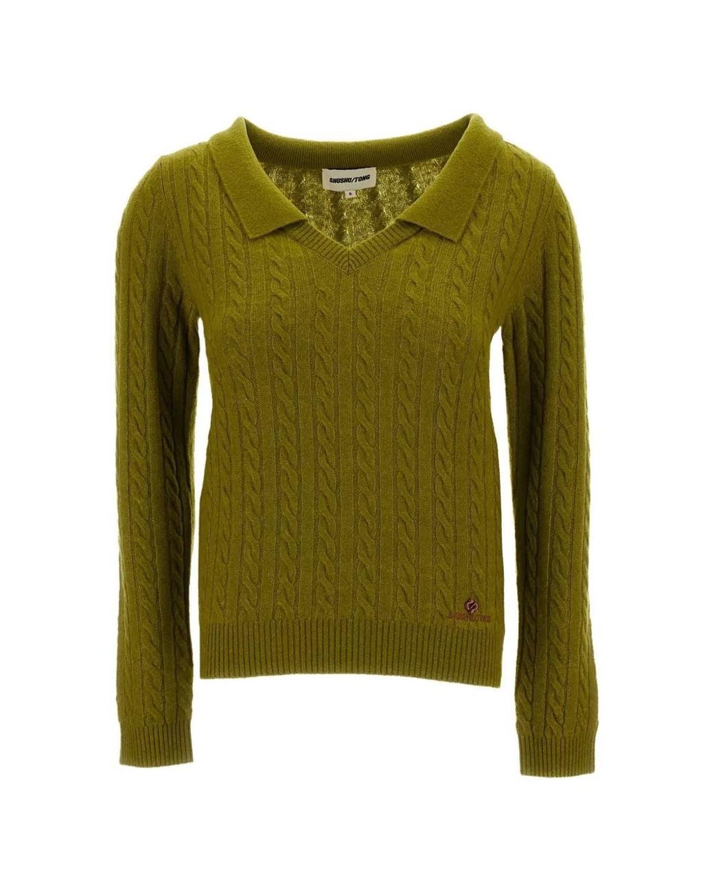 ShuShu/Tong Green Cable-Knit V-Neck Sweater