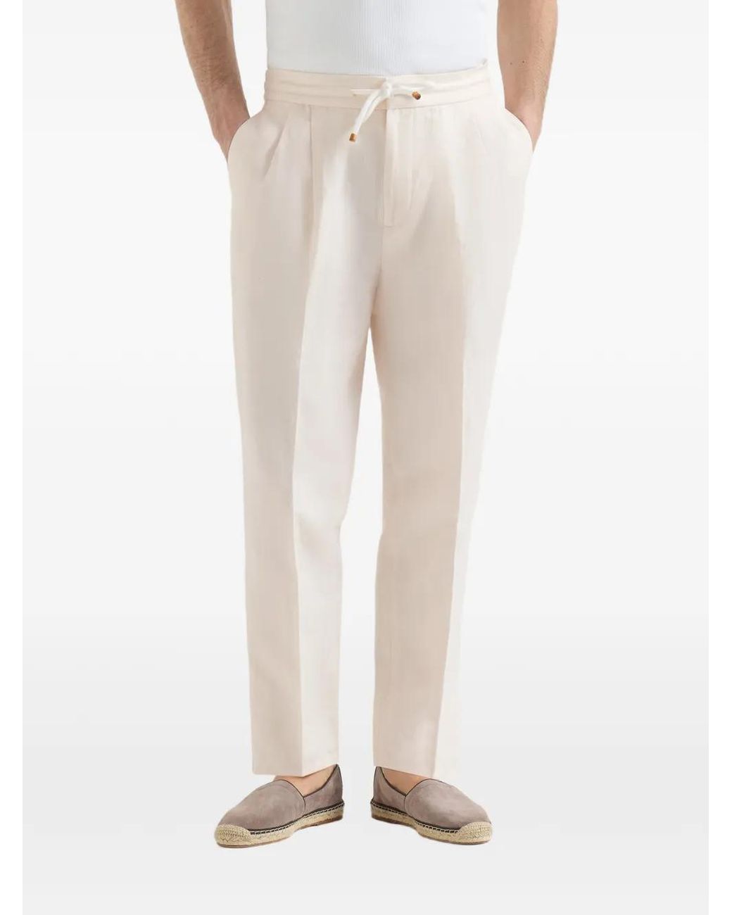 Brunello Cucinelli White Linen And Cotton Drill Trousers With Drawstring And Double Pleats for men