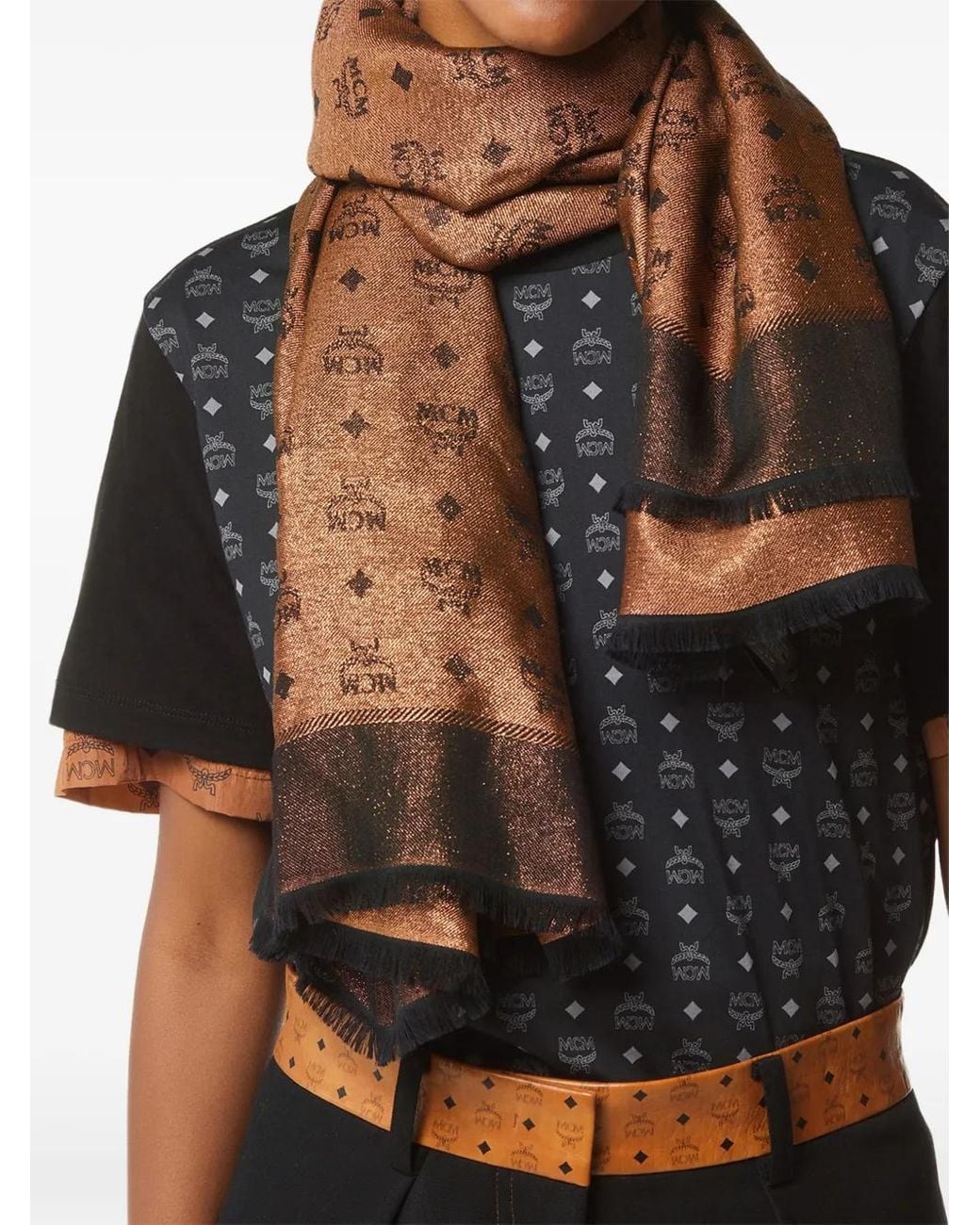 MCM Brown Monogram-Pattern Shawl