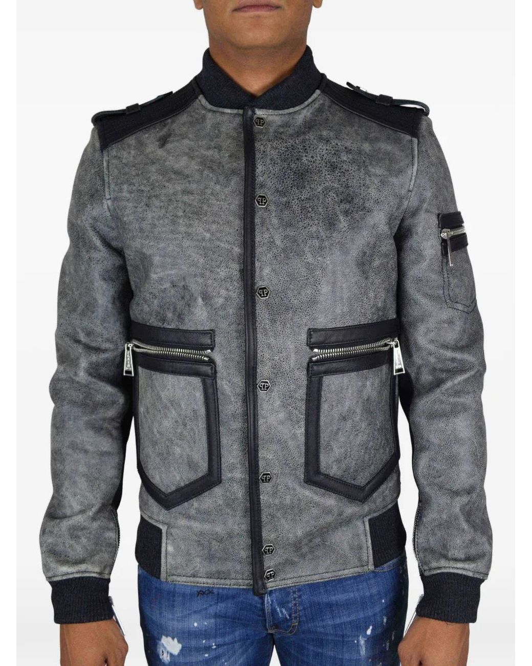 Philipp Plein Gray Logo Button Leather Jacket for men