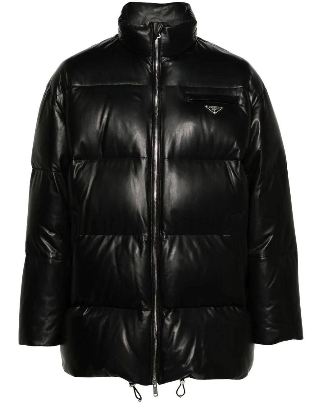 Prada Black Logo-Plaque Leather Puffer Coat for men