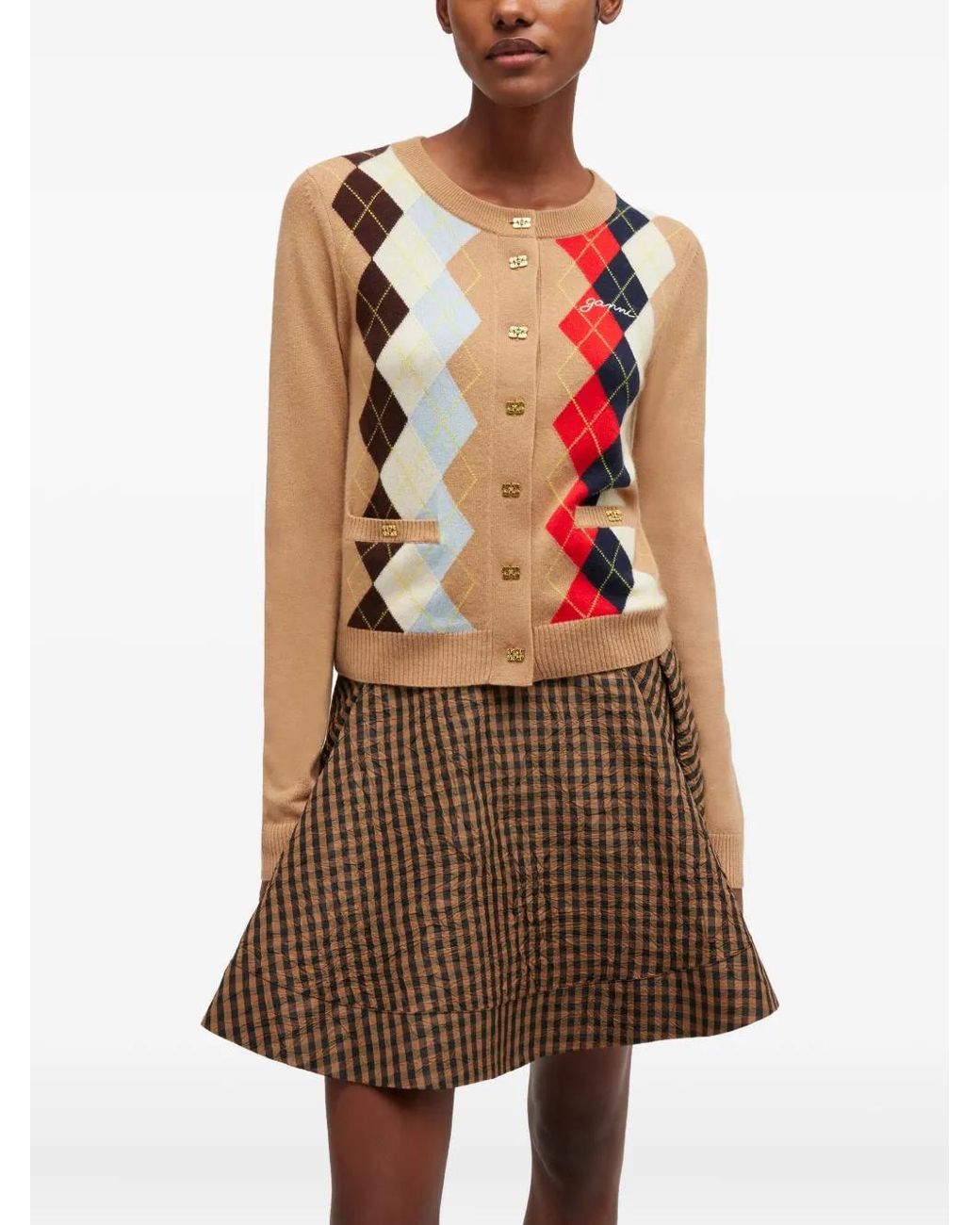 Ganni White Argyle Button Cardigan