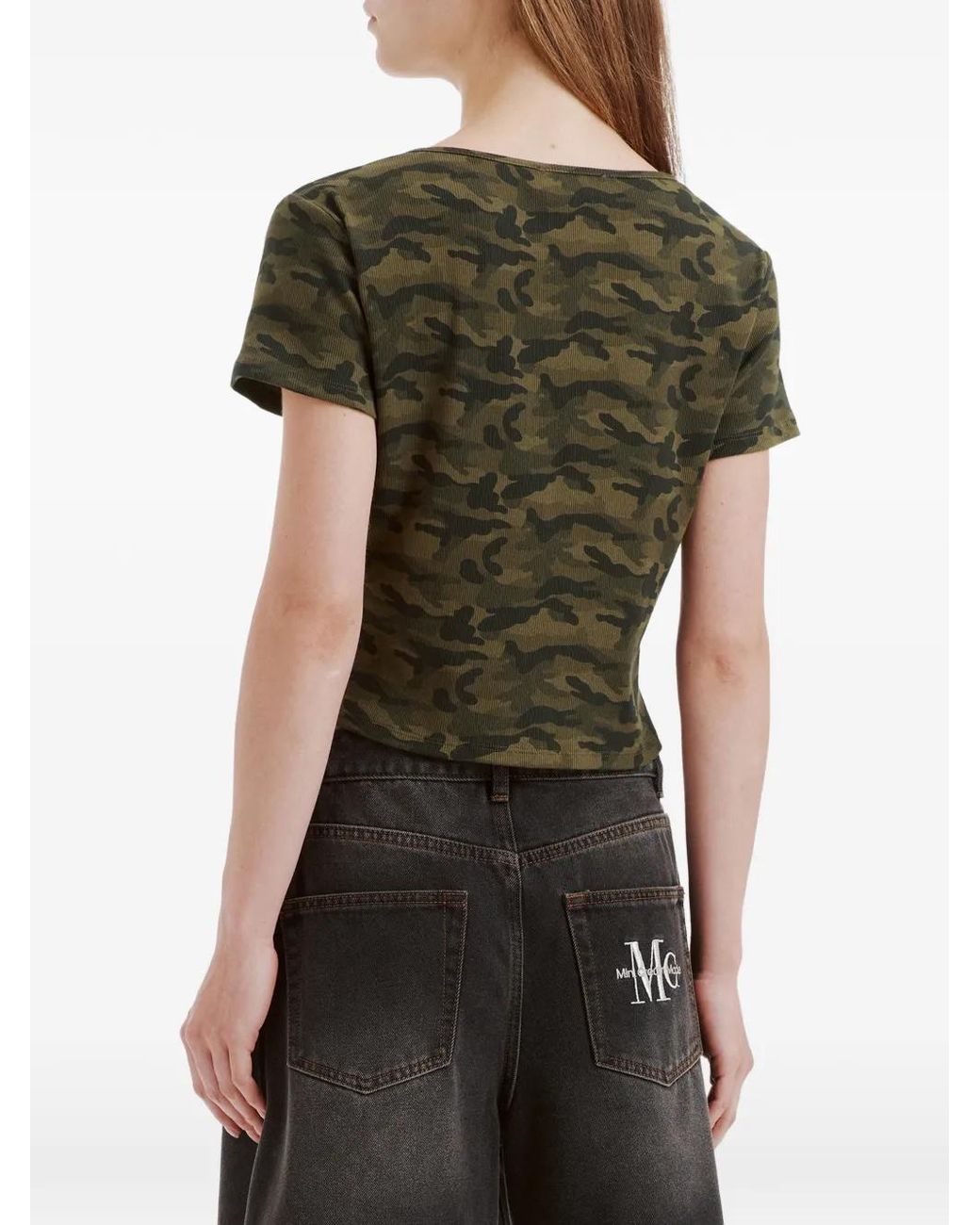 Mini Cream Green Camouflage-Print Button-Up T-Shirt