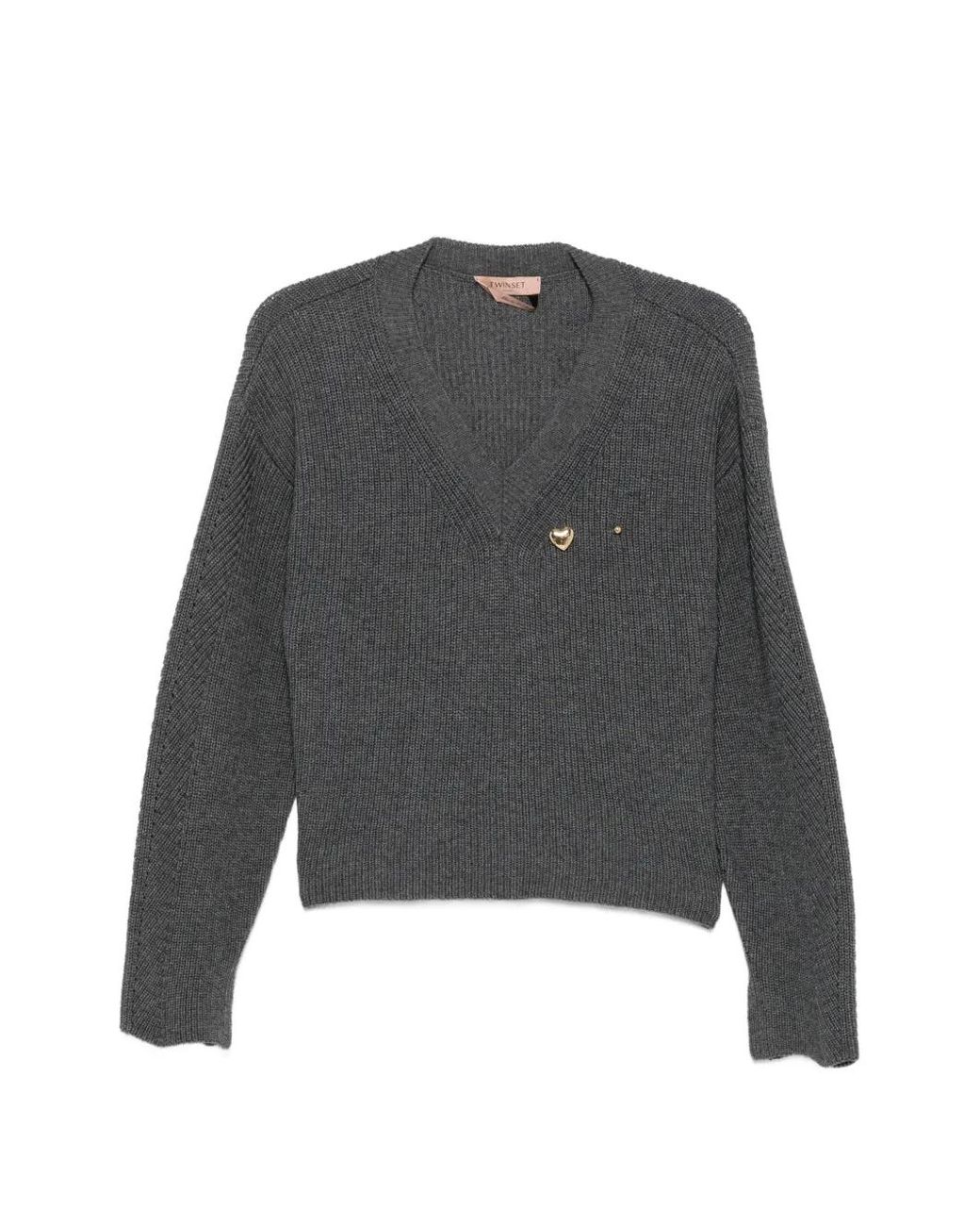 Twinset Gray Ribbed-Knit V-Neck Sweater