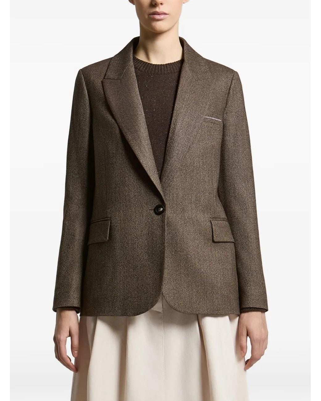 Peserico Brown Single-Breasted Peak-Lapel Blazer