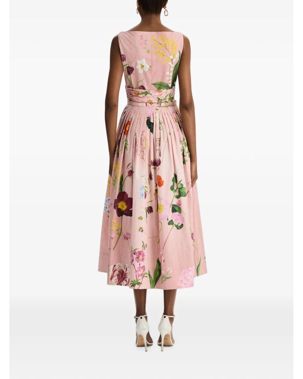 Oscar de la Renta Pink Mixed Botanical Cotton Poplin Draped Dress