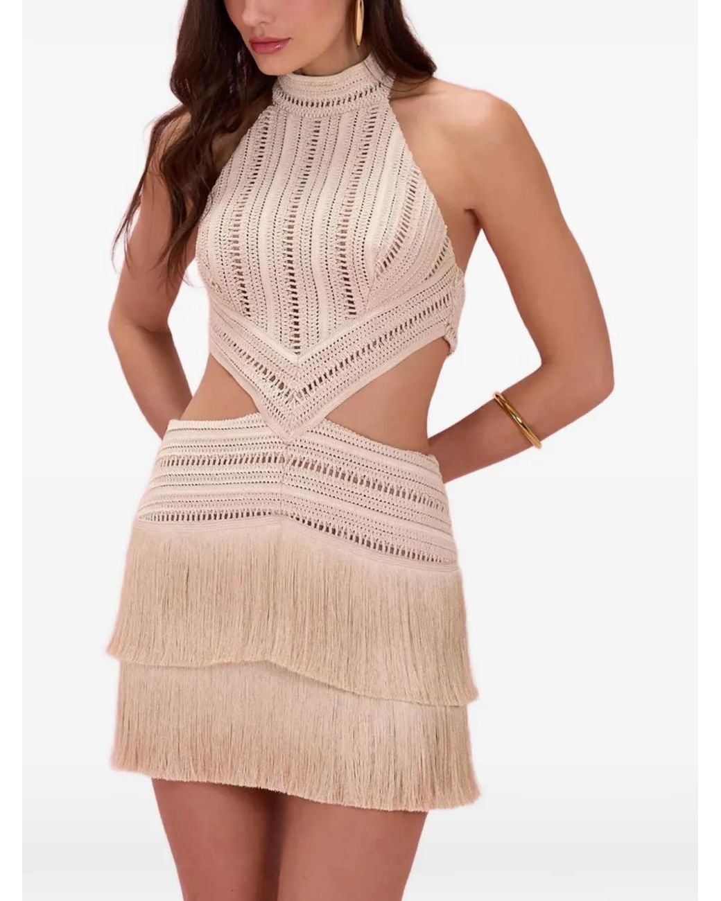 PATBO Natural Crochet-Knit Fringe-Trimmed Fitted Mini Dress